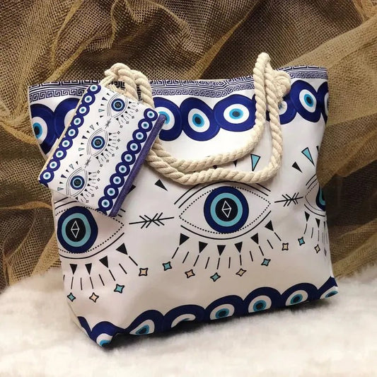 1pcs Evil Eye Women's Beach Bag Polyester Large Capacity Tote Shoulder Bag Customizable Logo Seaside Travel Bag - Checkouts UK