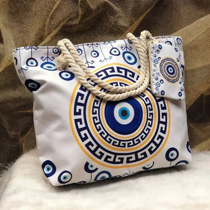 1pcs Evil Eye Women's Beach Bag Polyester Large Capacity Tote Shoulder Bag Customizable Logo Seaside Travel Bag - Checkouts UK