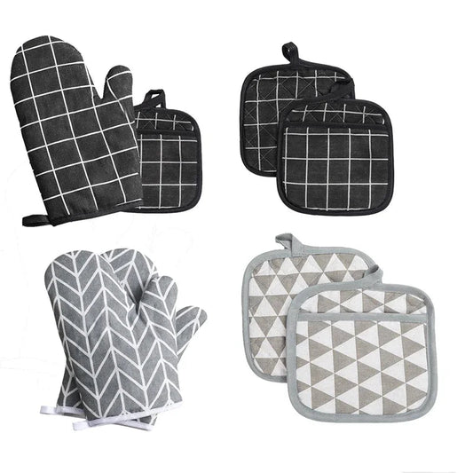 2pcs Kitchen Potholders Pad and Stove Oven Gloves Set Mitts Heat Resistant Thermal Anti - heat Take Hot Pot Cooking Baking Gloves - Checkouts UK