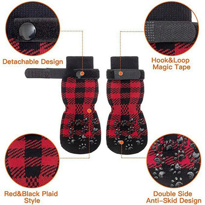 Anti - Slip Dog Socks 4pcs Paw Protector Traction Control Adjustable Indoor Wear Knitted Pet Socks with Rubber Reinforcement - Checkouts UK