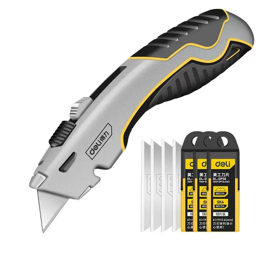 Deli Zinc Alloy Utility Knife, Box Cutter Heavy Duty Retractable for Cartons Cardboard and Boxes with Blade Storage Design - Checkouts UK