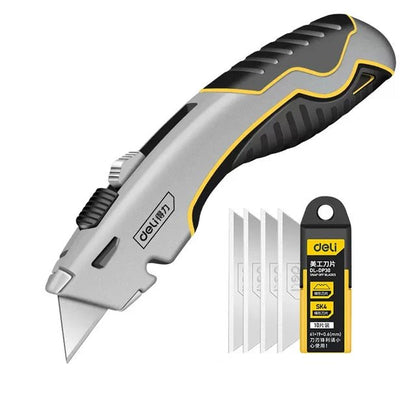 Deli Zinc Alloy Utility Knife, Box Cutter Heavy Duty Retractable for Cartons Cardboard and Boxes with Blade Storage Design - Checkouts UK