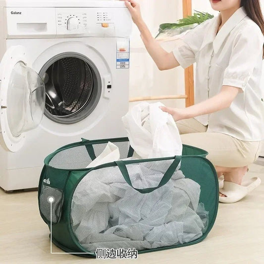 Durable Collapsible Laundry Basket, Mesh Pop Up Laundry Hamper With Side Pocket, Foldable Clothes Storage Hamper With Reinforced - Checkouts UK
