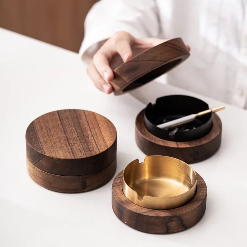 New Creative Ashtrays With Lid Walnut Wood Desktop Ashtray Stainless Steel Windproof Ash Tray for Smoking Office Home Decoration - Checkouts UK