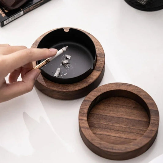 New Creative Ashtrays With Lid Walnut Wood Desktop Ashtray Stainless Steel Windproof Ash Tray for Smoking Office Home Decoration - Checkouts UK