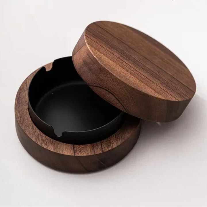 New Creative Ashtrays With Lid Walnut Wood Desktop Ashtray Stainless Steel Windproof Ash Tray for Smoking Office Home Decoration - Checkouts UK