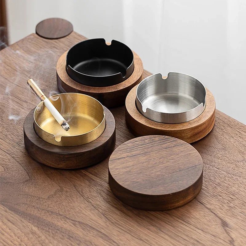 New Creative Ashtrays With Lid Walnut Wood Desktop Ashtray Stainless Steel Windproof Ash Tray for Smoking Office Home Decoration - Checkouts UK
