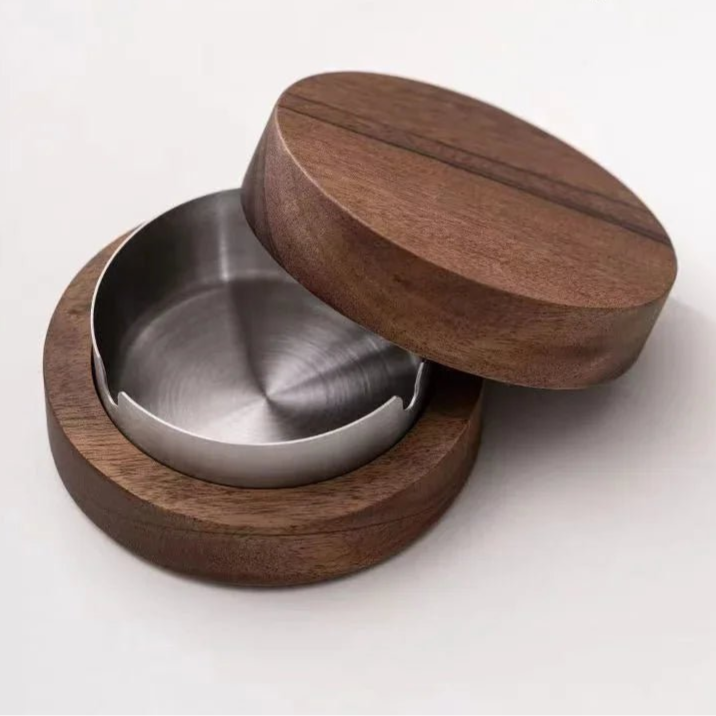 New Creative Ashtrays With Lid Walnut Wood Desktop Ashtray Stainless Steel Windproof Ash Tray for Smoking Office Home Decoration - Checkouts UK