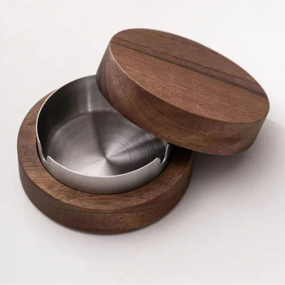 New Creative Ashtrays With Lid Walnut Wood Desktop Ashtray Stainless Steel Windproof Ash Tray for Smoking Office Home Decoration - Checkouts UK