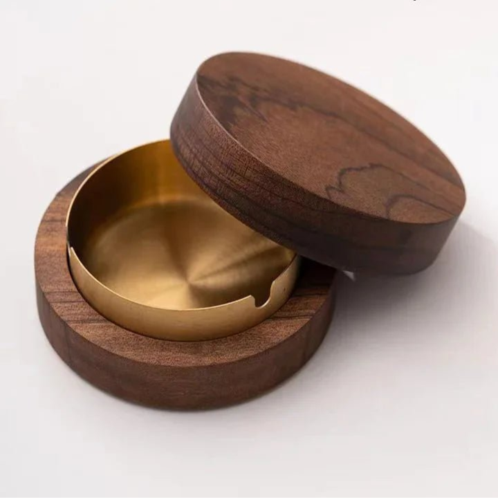 New Creative Ashtrays With Lid Walnut Wood Desktop Ashtray Stainless Steel Windproof Ash Tray for Smoking Office Home Decoration - Checkouts UK