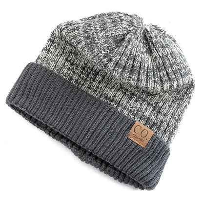 New Unisex Two - Tone Winter Hats Add Fur Lined Men And Women Fashion Warm Beanie Cap Casual Winter Knitted Hats - Checkouts UK