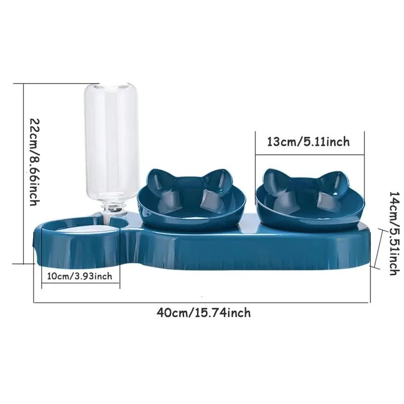 Triple Cat Bowls Pet Feeder, 2 - in - 1 Double Bowls with Automatic Drinking Bottle, Tilted and Rotatable Design for Cats and Dogs - Checkouts UK