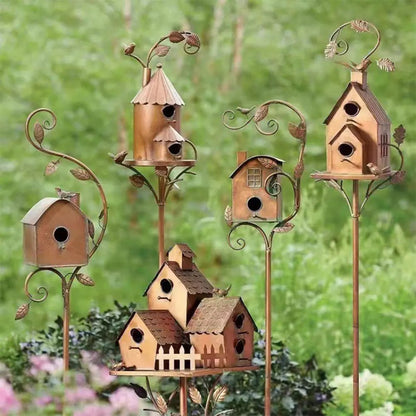 Wholesale Bulk Birdhouse Garden Stakes Outdoor Decor Metal Bird House Art Crafts Bird Feeders Miniatures for Outdoor Garden Decorations - Furbury