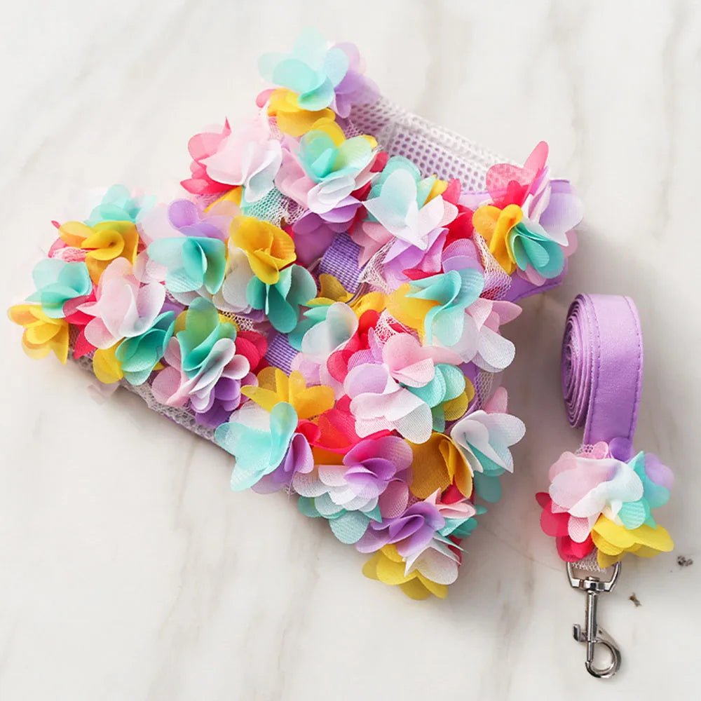 Wholesale Bulk Luxury Flower Girl Dogs Harness and Leash Set No Pull Soft Adjustable Breathable Mesh Cute Floral Puppy Pet Safety Vest Harness - Furbury