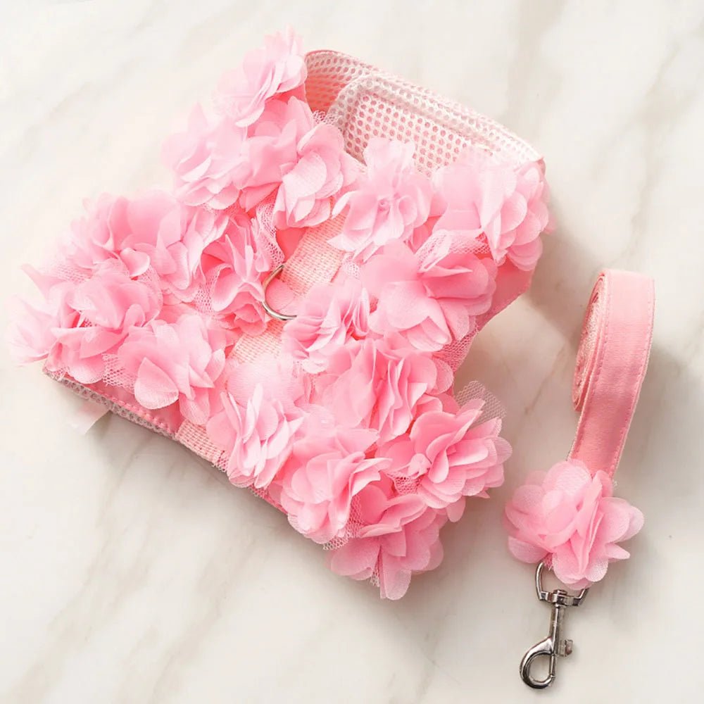 Wholesale Bulk Luxury Flower Girl Dogs Harness and Leash Set No Pull Soft Adjustable Breathable Mesh Cute Floral Puppy Pet Safety Vest Harness - Furbury