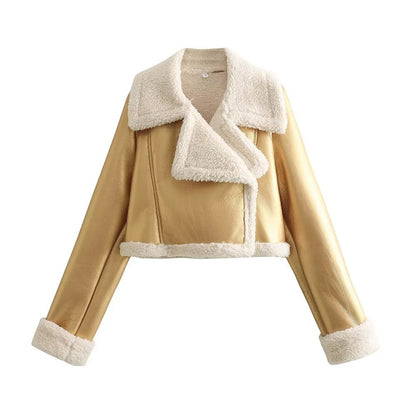 Winter Women Jacket Coats Faux Shearling Sheepskin Coat Retro Motorcycle Jacket Woman Jackets Outerwear Tops - Checkouts UK